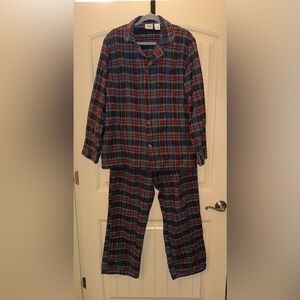 L.L. Bean Men Large Tall Flannel Shirt Gray Red Plaid 100% Cotton Pajamas Set